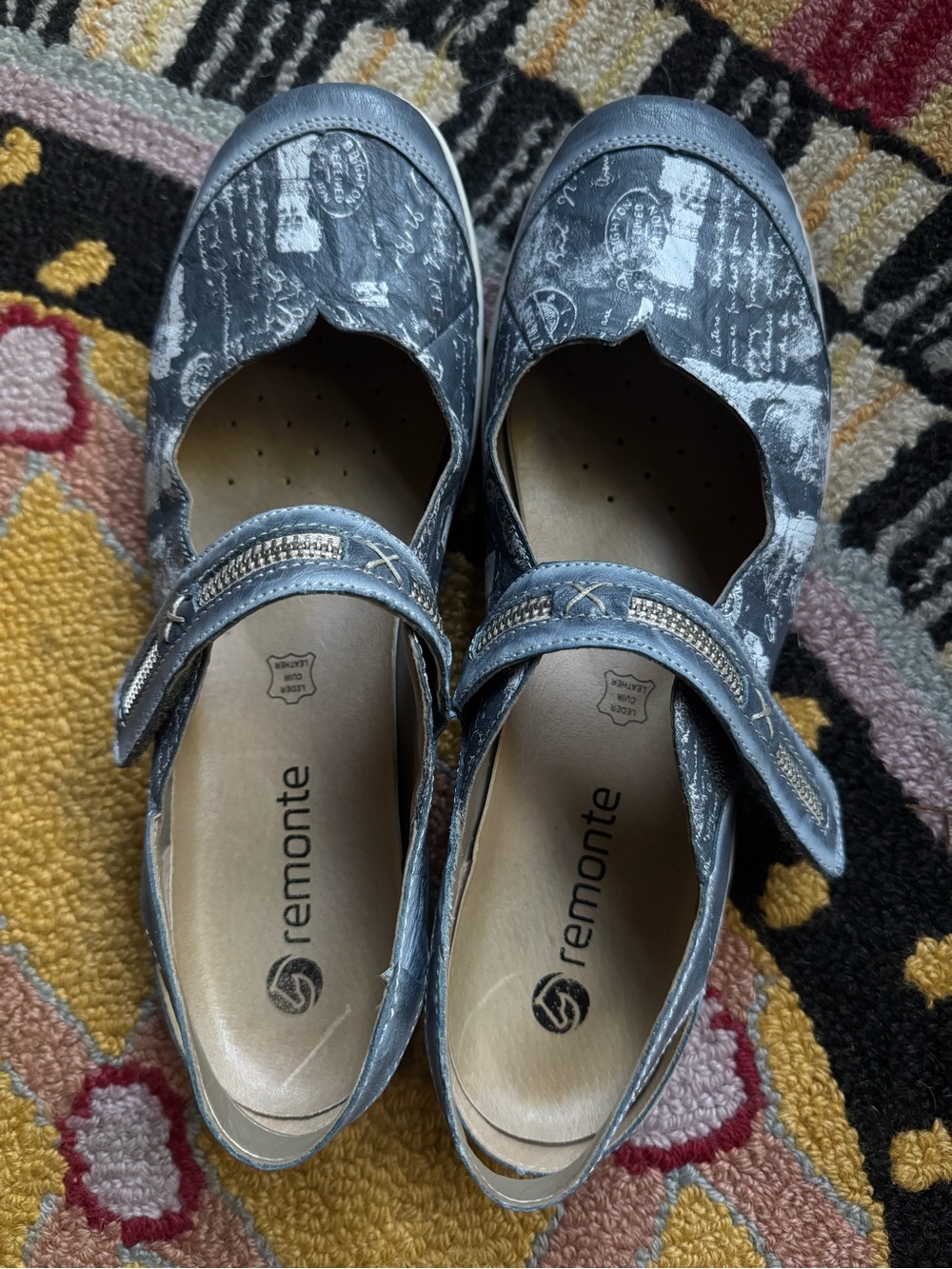Remonte Slate Blue Patterned Mary Jane Flats with Zip-Accent Strap